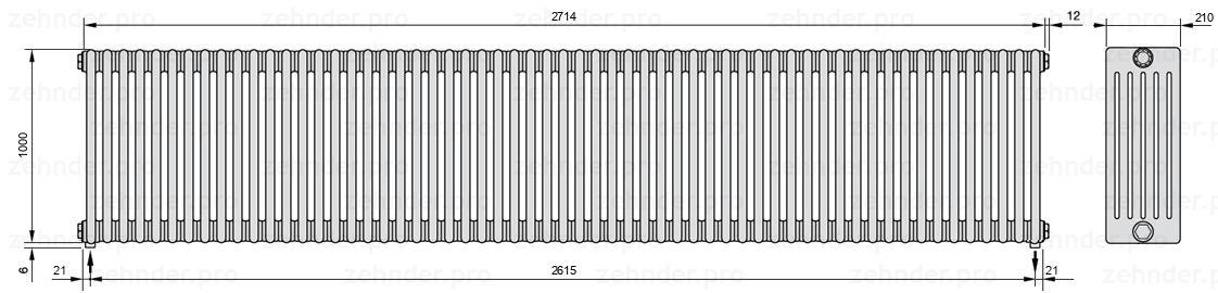 Схема (чертеж) Радиатор Zehnder Charleston 6100/59 №5310 Белый глянцевый RAL 9016